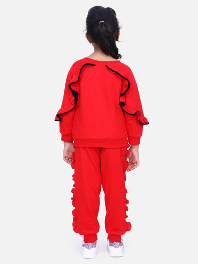 Red French Terry Full Sleeve Ruffles SweatShirt With Jogger