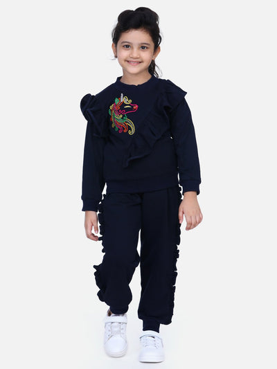 Navy French Terry Full Sleeve Unicorn SweatShirt With Jogger