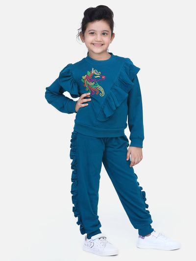 Teal French Terry Full Sleeve Unicorn SweatShirt With Jogger