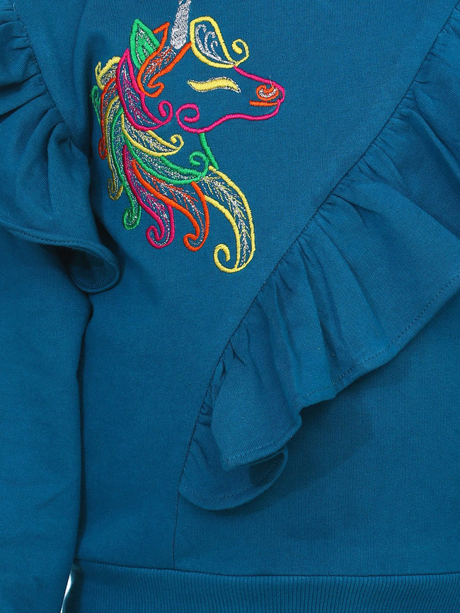 Teal French Terry Full Sleeve Unicorn SweatShirt With Jogger