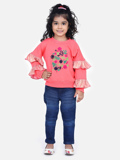 Coral French Terry Floral Embroidered Full Sleeve SweatShirt