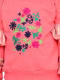 Coral French Terry Floral Embroidered Full Sleeve SweatShirt