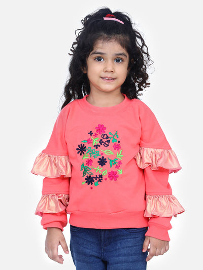 Coral French Terry Floral Embroidered Full Sleeve SweatShirt