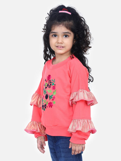 Coral French Terry Floral Embroidered Full Sleeve SweatShirt