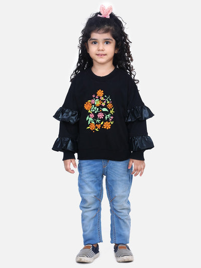 Black Printed French Terry Embroidered Full Sleeve SweatShirt