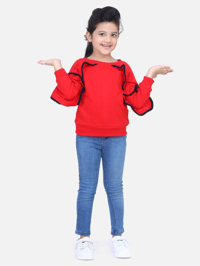 Red French Terry Full Sleeve Ruffle SweatShirt