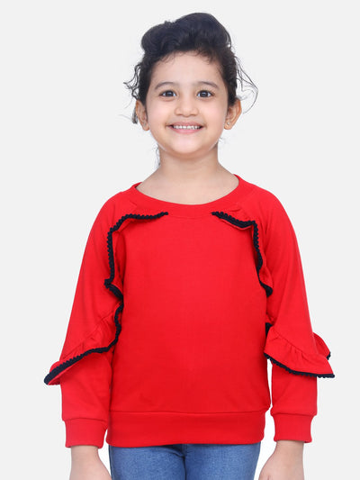 Red French Terry Full Sleeve Ruffle SweatShirt