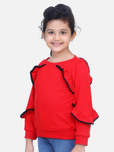 Red French Terry Full Sleeve Ruffle SweatShirt