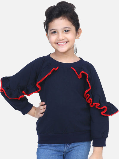 Coral French Terry Full Sleeve Ruffle SweatShirt