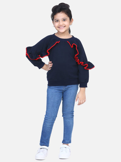 Coral French Terry Full Sleeve Ruffle SweatShirt