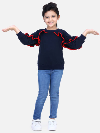 Coral French Terry Full Sleeve Ruffle SweatShirt