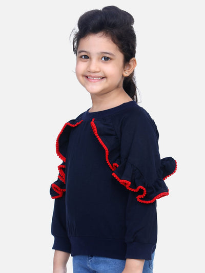 Coral French Terry Full Sleeve Ruffle SweatShirt