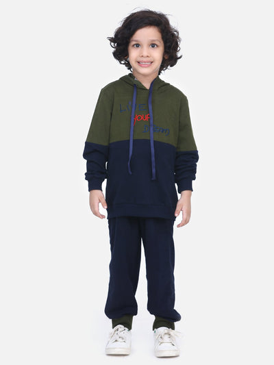 Olive Green Colorblock French Terry Full Sleeve SweatShirt With Jogger