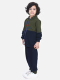 Olive Green Colorblock French Terry Full Sleeve SweatShirt With Jogger