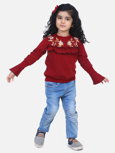 Brown Bell Sleeves embroidery Full Sleeve SweatShirt