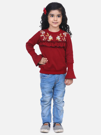 Brown Bell Sleeves embroidery Full Sleeve SweatShirt