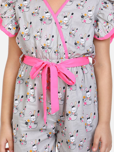 lilpicks Grey Teddy Print Frilled Full Jumpsuit