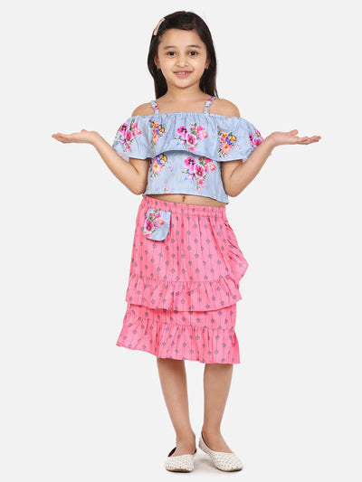 lilpicks Grey Pink Floral Skirt Set