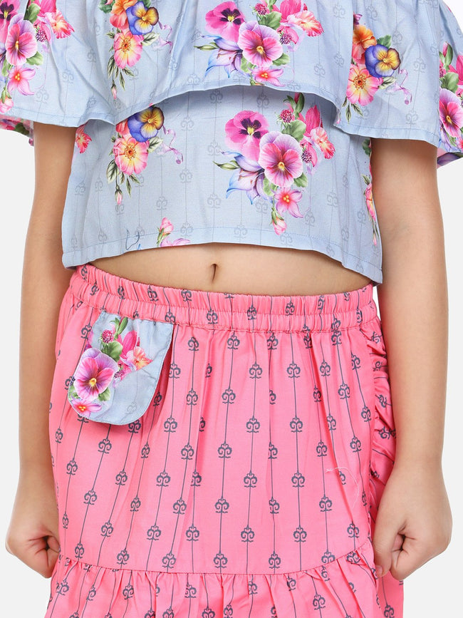 lilpicks Grey Pink Floral Skirt Set