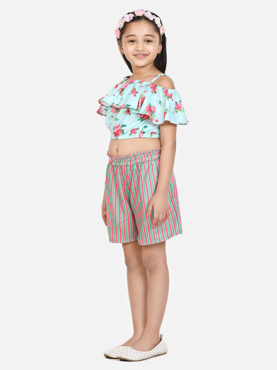 lilpicks Green Pink Fashionable Shorts Set