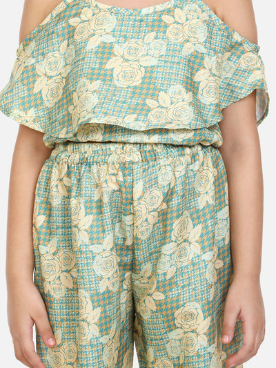lilpicks Green Off Shoulder Pant Set
