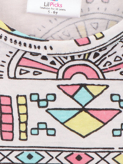 White Tribal Print Round Neck Short Sleeve Tops