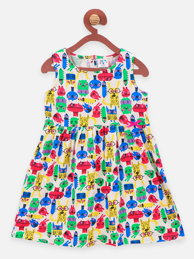 Multicolor All Over Printed Bow Flared Dress