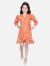 Lilpicks Orange Block Print Frilly Overlap Dress