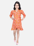 Lilpicks Orange Block Print Frilly Overlap Dress