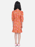 Lilpicks Orange Block Print Frilly Overlap Dress