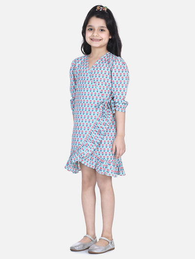 Lilpicks Grey Block Print Frilly Overlap Dress
