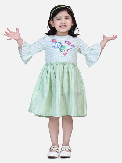 Lilpicks Green Embroidered Bell Sleeve Dress