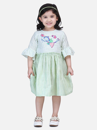 Lilpicks Green Embroidered Bell Sleeve Dress