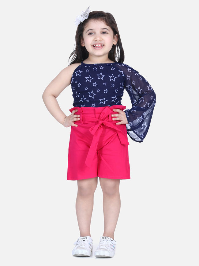 Lilpicks One-Side Sleeve Top with Fuschia Frilly Shorts Set