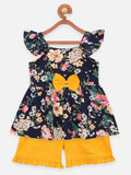 Lilpicks Navy Floral Print Peplum Top with Frilly Shorts Set