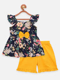 Lilpicks Navy Floral Print Peplum Top with Frilly Shorts Set