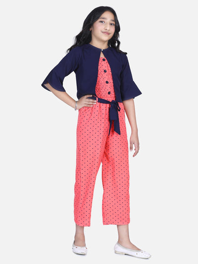 Lilpicks Coral Polka Smocking Jumpsuit with Shrug Set 