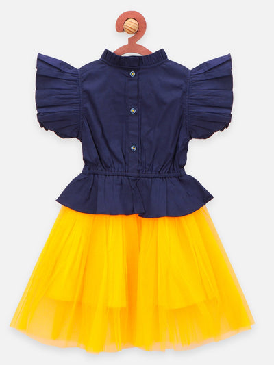 Lilpicks Navy Mustard Cherry Embrodiery Flared Dress