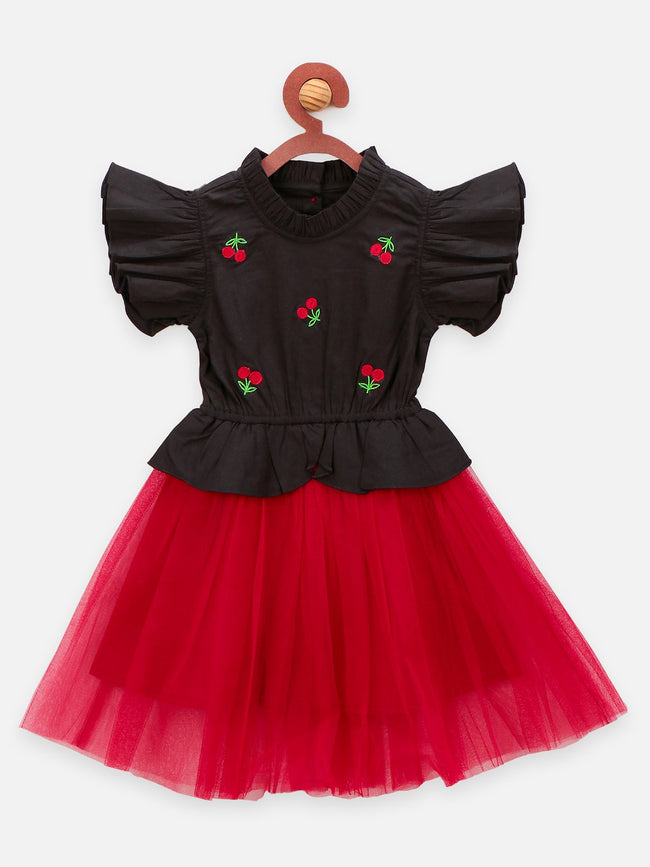 Lilpicks Black Maroon Cherry embroidery Flared Dress
