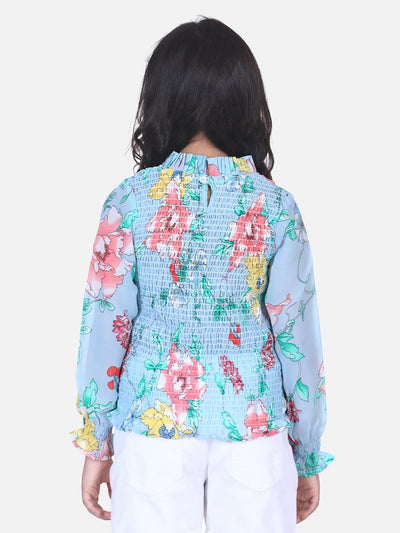 Lilpicks Powder Blue Floral Hi-Neck Smocking Top