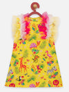 Lilpicks Yellow Quirky Jungle Print Ruffle Dress