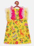 Lilpicks Yellow Quirky Jungle Print Ruffle Dress