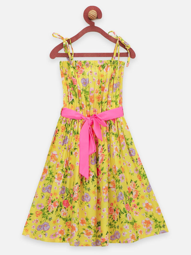 Lilpicks Yellow Flower Printed Sleevless Strappy Dress with Belt