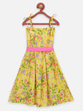 Lilpicks Yellow Flower Printed Sleevless Strappy Dress with Belt