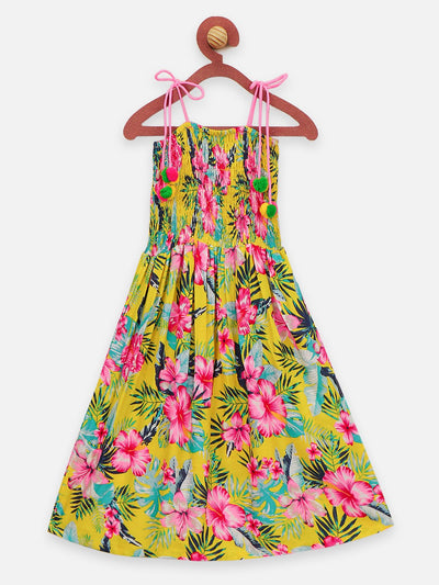 Lilpicks Yellow Flower Printed Sleevless Strappy Dress