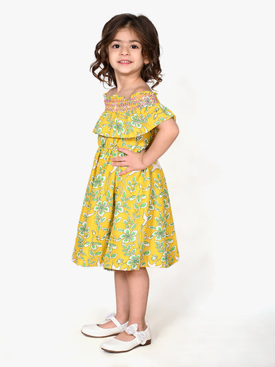 Yellow Floral Print Off Shoulder Flared Dress