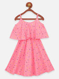Lilpicks Pink Flower Print Cape Strapy Flared Dress