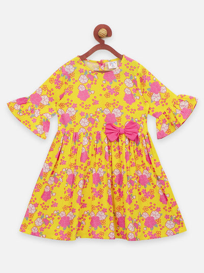 Lilpicks Yellow Flower Printed Bow Flared Dress