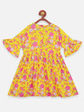 Lilpicks Yellow Flower Printed Bow Flared Dress