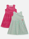 Lilpicks  Pink and green All Over Printed Pack of 2 Bow Flared Dress